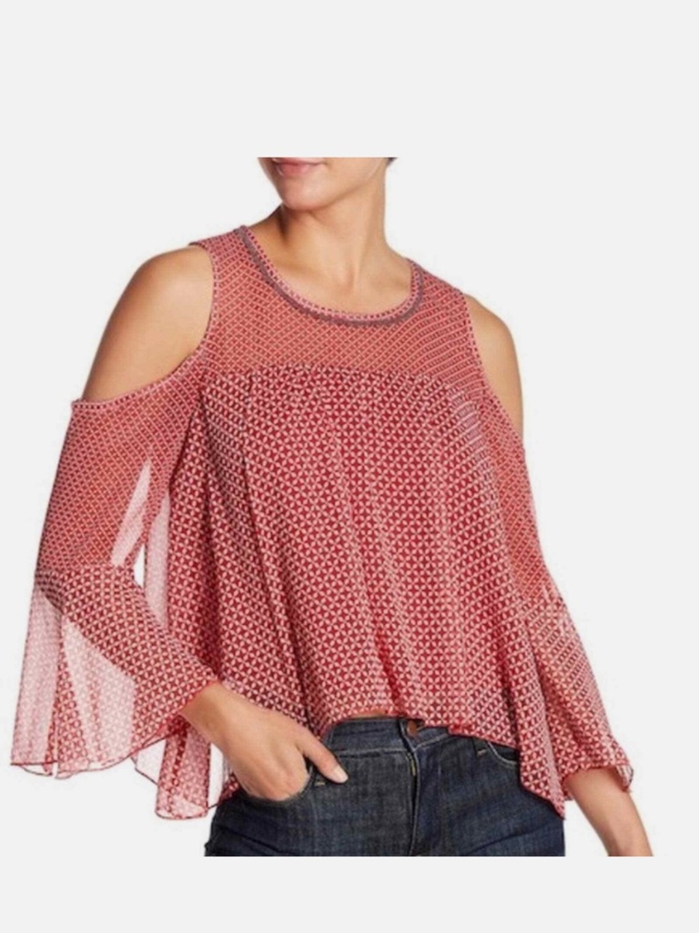 LUCKY BRAND Red White Floral Beaded Bell Sleeve Top MEDIUM Cold Shoulder Boho
